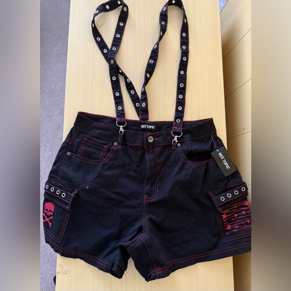 Hot Topic black shorts with suspenders - red trim